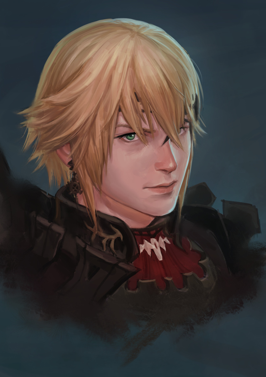 1boy, armor, blonde_hair, blue_eyes, earrings, final_fantasy, final_fantasy_xiv, hair_over_eyes