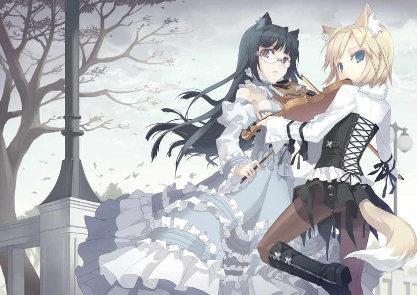animal_ears, black_hair, blonde_hair, blue_eyes, boots, detached_sleeves, dress, fox_ears