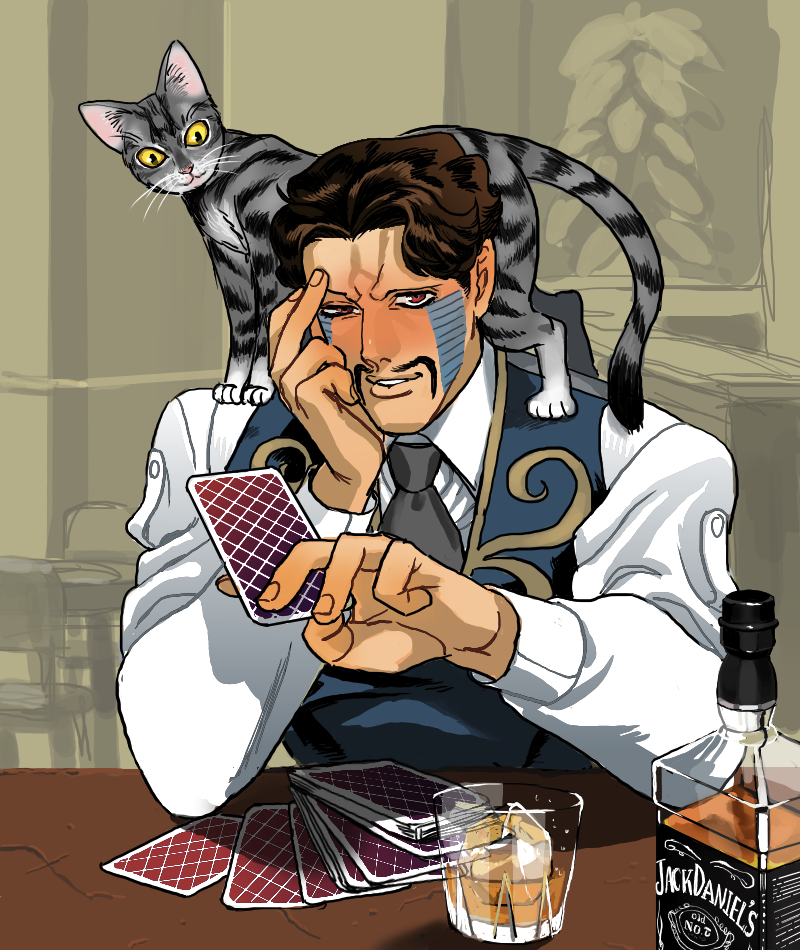 1boy, alcohol, animal, animal_on_shoulder, blush, brown_hair, card, cat, cat_on_shoulder, chair, daniel_d'arby, drink, facial_hair, facial_mark, glass, head_rest, holding, holding_card, jack_daniel's, jojo_no_kimyou_na_bouken, maitake_(cbe08253), male_focus, mustache, necktie, orange_eyes, playing_card, shadow, smile, solo, table, tattoo, upper_body, vest, whiskey