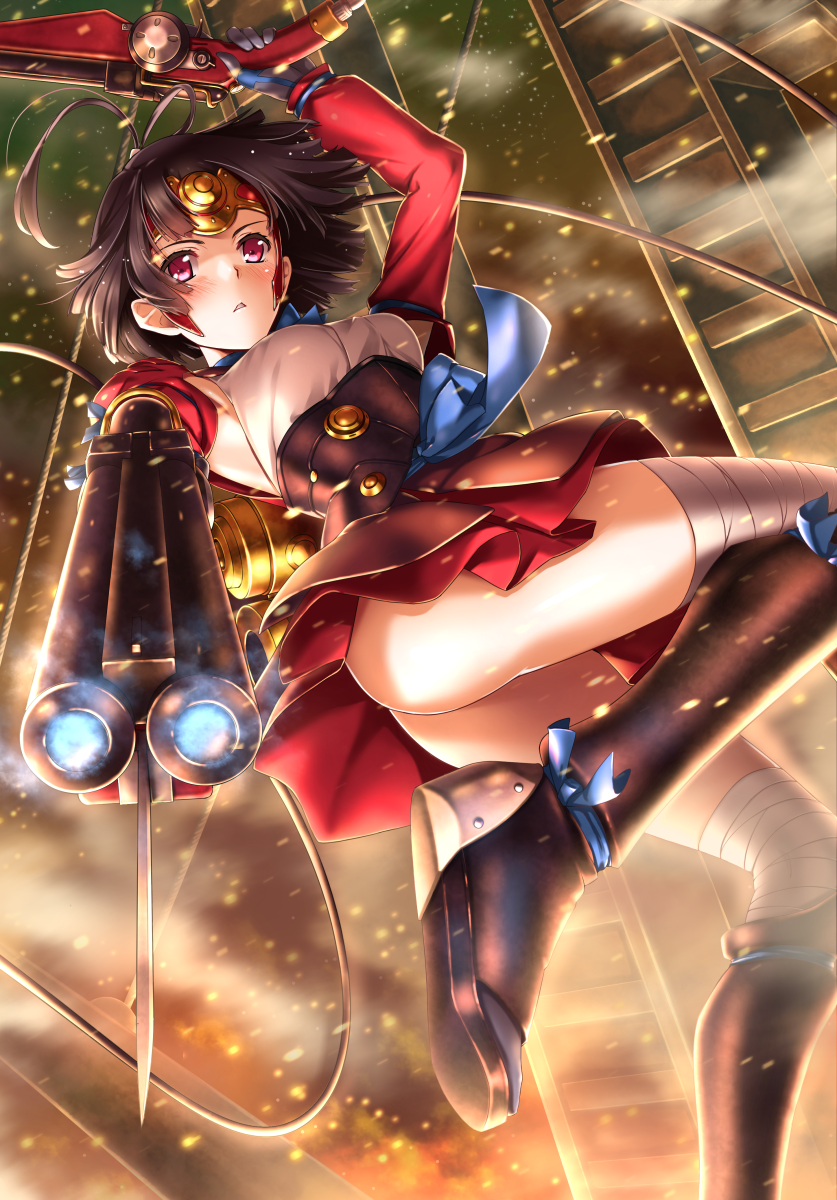 1girl, blush, boots, brown_hair, gun, highres, koutetsujou_no_kabaneri, mumei_(kabaneri)