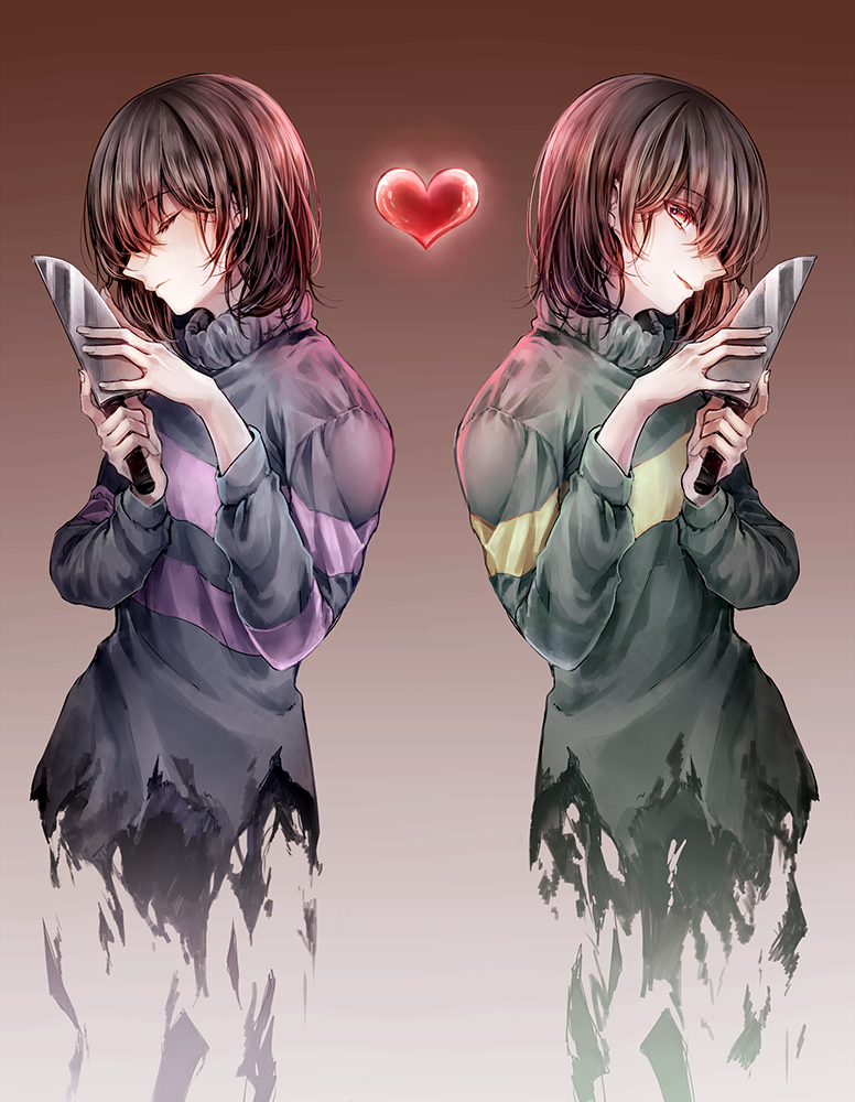 androgynous, brown_eyes, brown_hair, chara_(undertale), closed_eyes, frisk_(undertale), glowing, gradient, gradient_background, heart, knife, parted_lips, shichimi_(ftlvampire32), spoilers, striped, striped_sweater, sweater, symmetry, turtleneck, undertale, upper_body