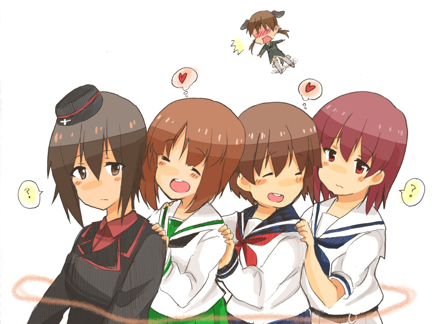 /\/\/\, 5girls, :d, ?, ^_^, animal_ears, blush, brown_eyes, brown_hair, closed_eyes, commentary, crossover, dog_ears, garrison_cap, gertrud_barkhorn, girl_sandwich, girls_und_panzer, hands_on_another's_shoulders, hat, heart, highres, jealous, look-alike, military, military_hat, military_uniform, miyanaga_saki, miyanaga_teru, multiple_crossover, multiple_girls, neckerchief, nishizumi_maho, nishizumi_miho, open_mouth, orange_hair, outstretched_arms, propeller, redhead, saki, sandwiched, school_uniform, serafuku, short_hair, siblings, sisters, smile, spread_arms, strike_witches, striker_unit, thought_bubble, trait_connection, uniform, wataru_(chirimenjako)
