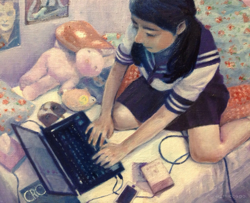 1girl, artist_name, black_hair, black_skirt, cellphone, computer, from_above, indoors