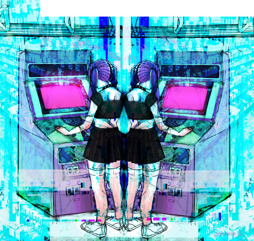 1girl, arcade, arcade_cabinet, artist_name, black_skirt, game_console, highres, mirror_image