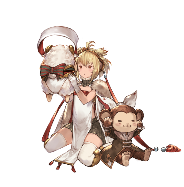 1girl, anchira_(granblue_fantasy), anira_(granblue_fantasy)_(cosplay), blonde_hair, cosplay, granblue_fantasy, kneeling, monkey, n.a., red_eyes, sheep, thigh-highs