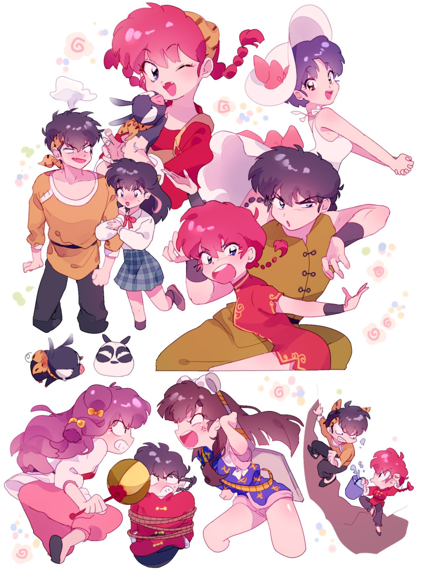 2boys, 5girls, :d, :o, ;d, anger_vein, animal, arm_up