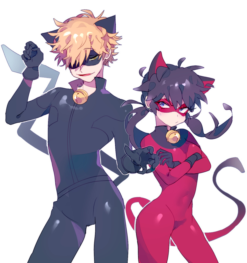 1boy, 1girl, adrien_agreste, animal_ears, annoyed, arm_up, bell, black_gloves