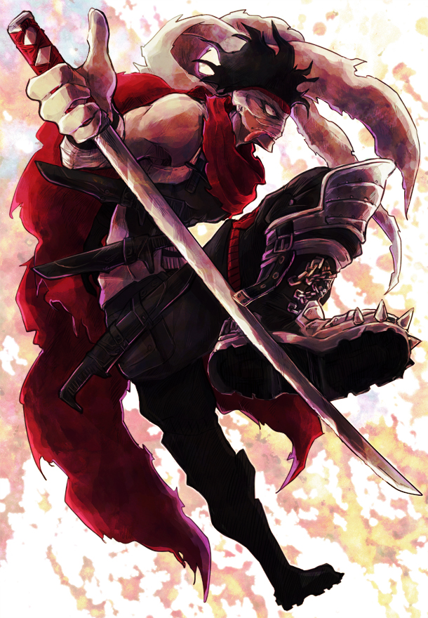 1boy, akaguro_chizome, bandages, black_hair, boku_no_hero_academia, boots, commentary_request, from_side, full_body, holding, holding_weapon, knife, male_focus, scarf, solo, sword, tomozo_(kuro420), tongue, tongue_out, weapon