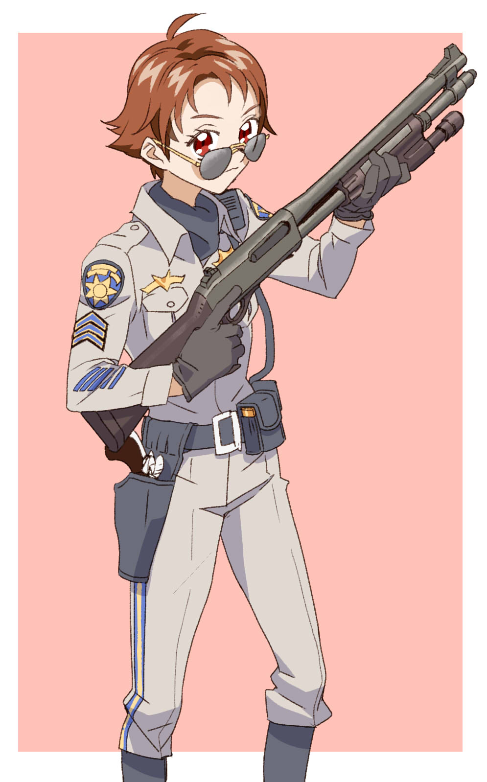 06erunium, 1girl, :3, ahoge, bad_id, belt, belt_buckle, belt_pouch, black_boots, black_scarf, boots, brown_hair, buckle, buttons, california_highway_patrol, emblem, grey_pants, gun, handgun, highres, holding, holding_gun, holding_weapon, knee_boots, long_sleeves, looking_at_viewer, military, military_uniform, natsuki_rin, pants, pistol, pocket, police, precure, remington_870, scarf, short_hair, shotgun, smile, solo, standing, star, sunglasses, trigger_discipline, uniform, weapon, wing_collar, yes!_precure_5, yes!_precure_5_gogo!