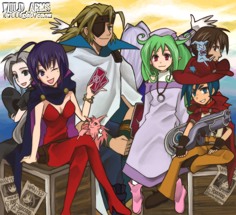 3boys, 3girls, black_hair, breasts, dress, green_hair, hat, irving_valeria