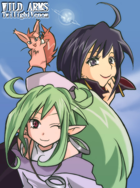 2girls, black_hair, breasts, dress, green_hair, hat, long_hair, loretta_oratorio