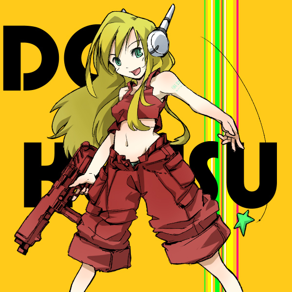 blonde_hair, cave_story, curly_brace, doukutsu_monogatari, green_eyes, gun, midriff, robot_ears, solo, suulabo, weapon