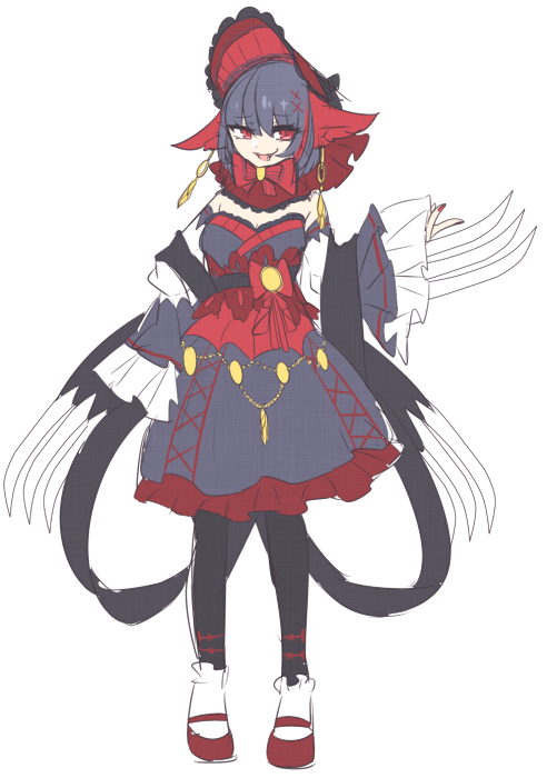 1girl, black_legwear, bonnet, dress, earrings, full_body, jewelry, nail_polish