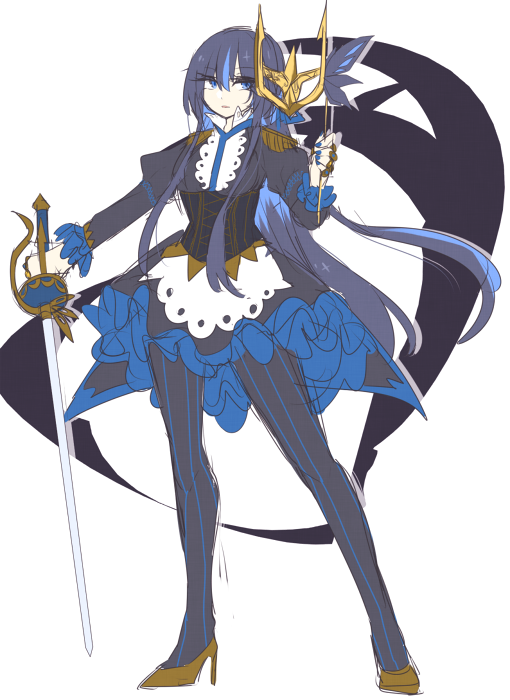1girl, bangs, black_hair, blue_eyes, blue_nails, empoleon, female, full_body, high_heels, long_hair, looking_at_viewer, mask, mask_removed, multicolored_hair, nail_polish, personification, pokemon, shikkoku_neko, solo, striped, striped_legwear, sword, two-tone_hair, weapon