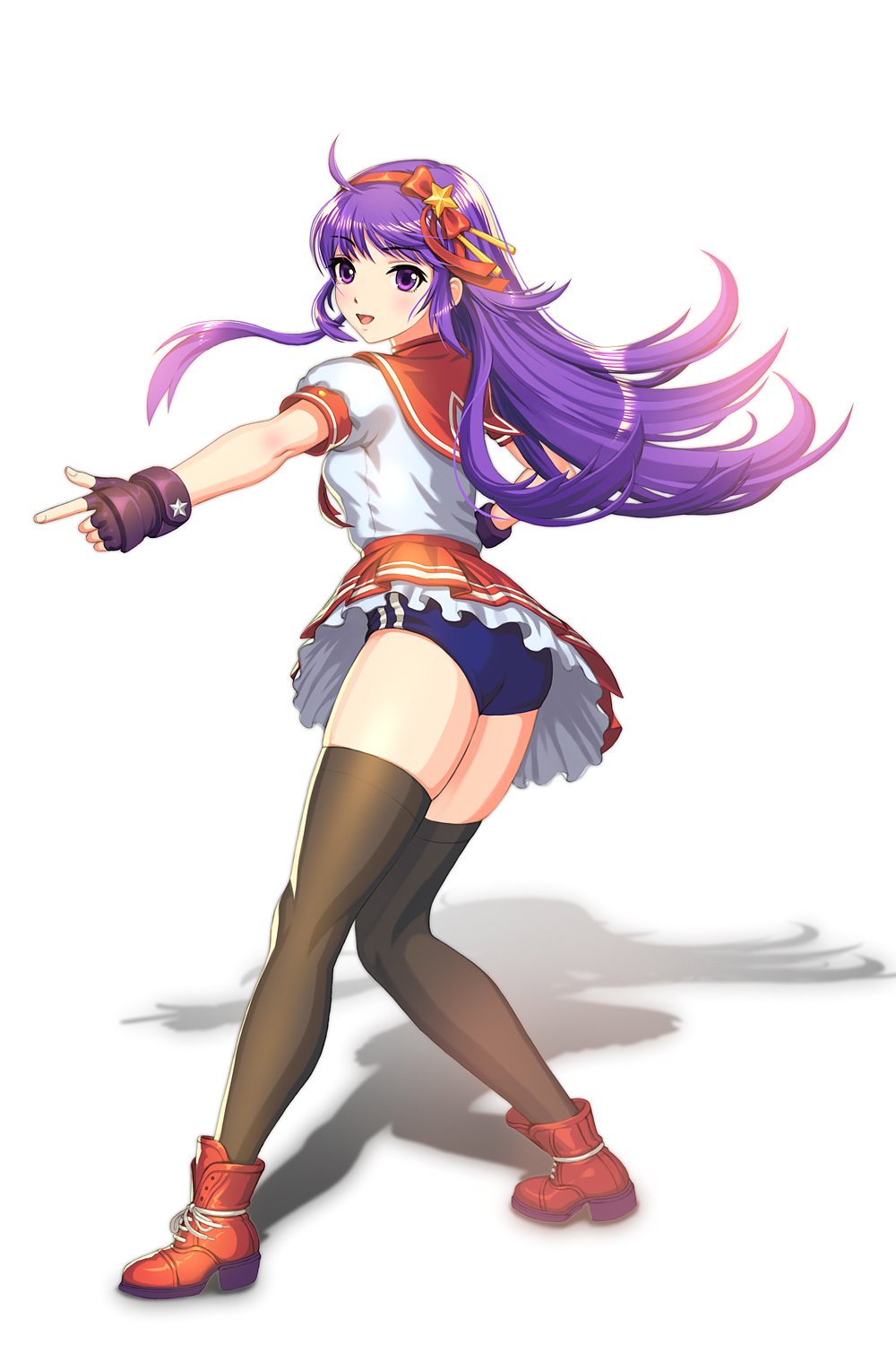 1girl, ahoge, ankle_boots, asamiya_athena, ass, black_legwear, boots, buruma