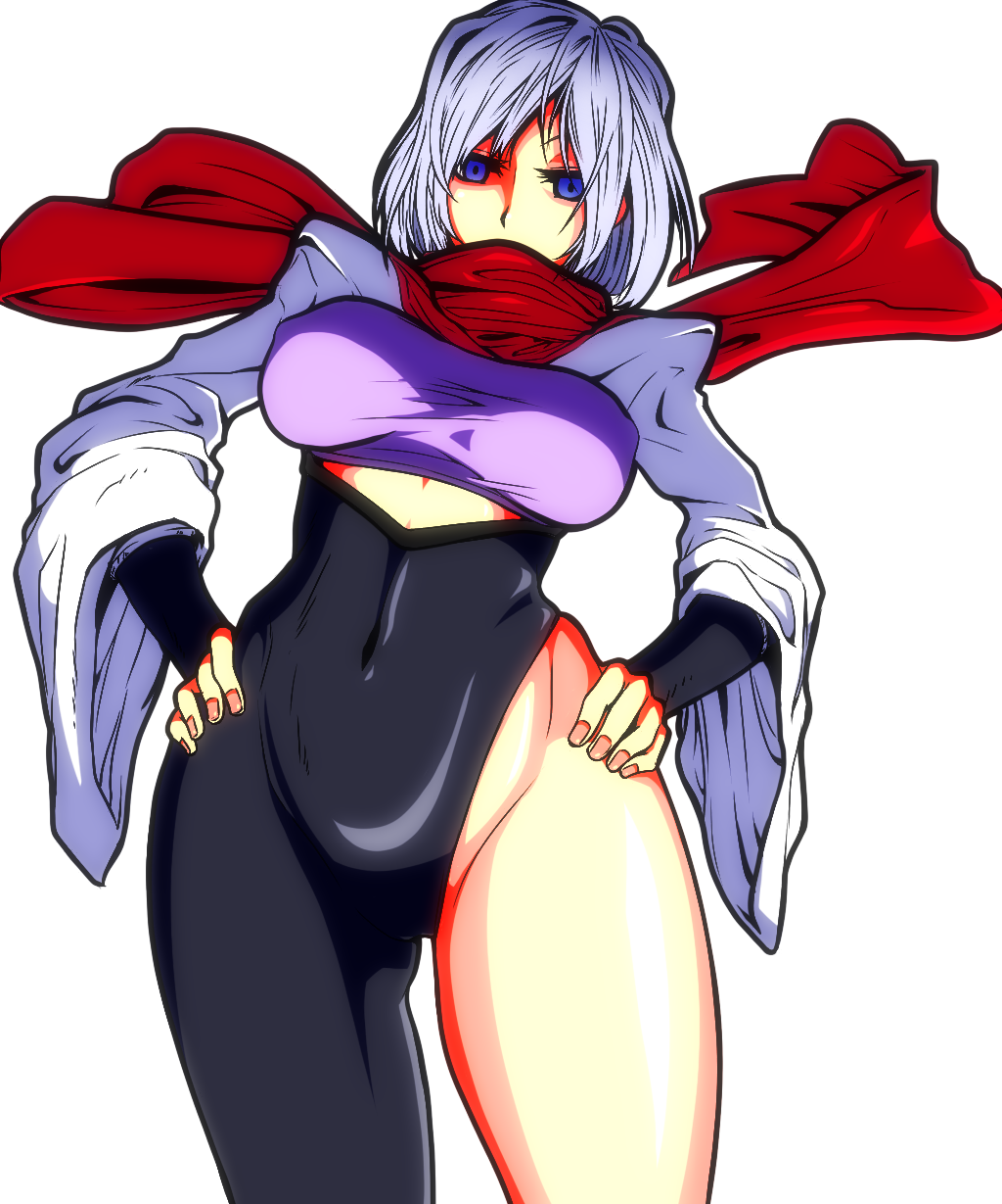 1girl, asymmetrical_clothes, blue_eyes, bodysuit, breasts, covered_navel, cowboy_shot, hands_on_hips
