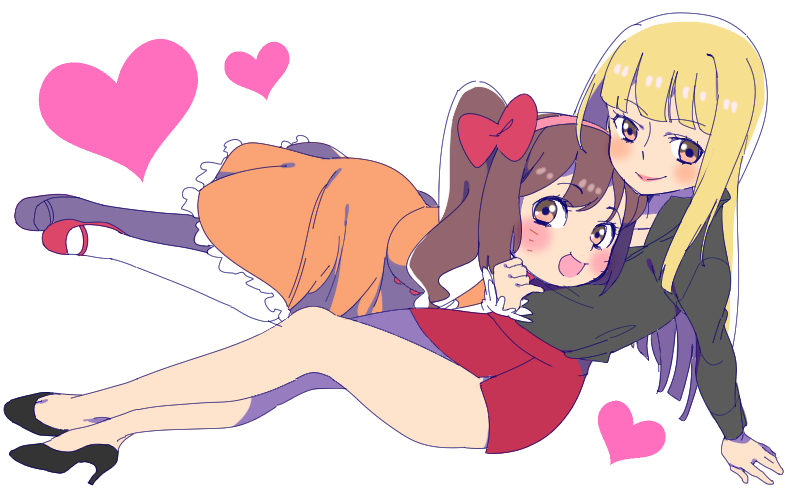 2girls, arm_support, bangs, blonde_hair, blunt_bangs, blush, bow, brown_eyes