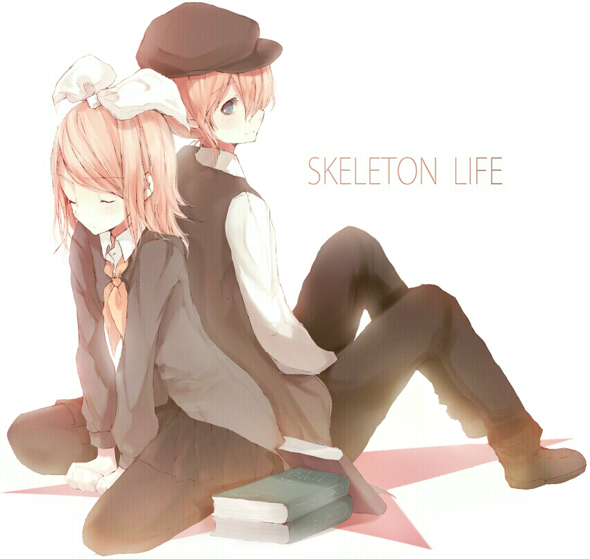 blonde_hair, book, cabbie_hat, hat, kagamine_len, kagamine_rin, pantyhose, siblings, skeleton_life_(vocaloid), tetsuo, twins, vocaloid