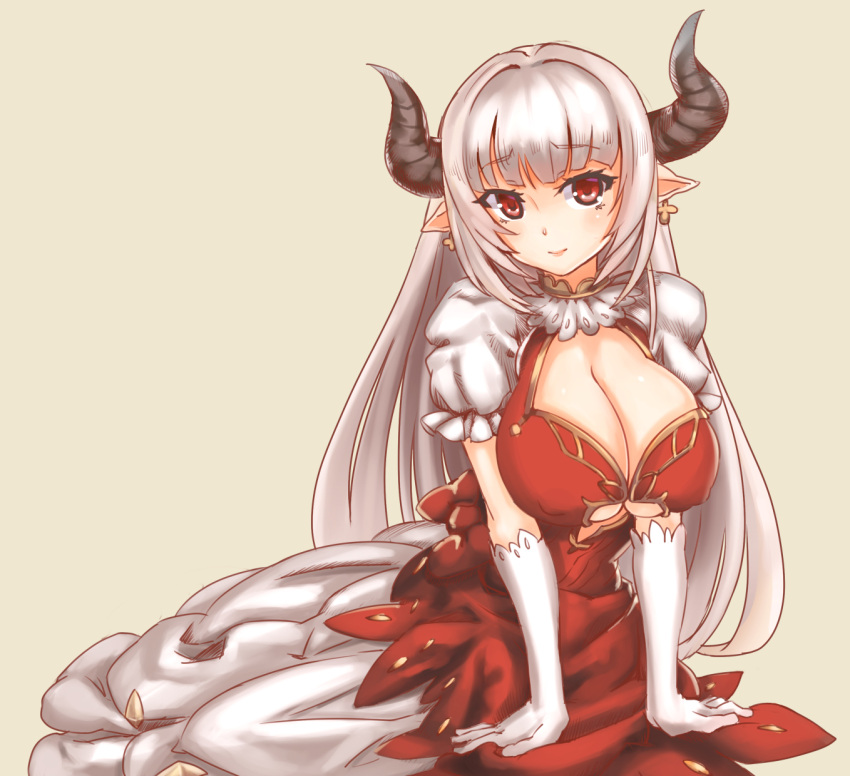 1girl, alicia_(granblue_fantasy), beige_background, breasts, cleavage, dress, earrings, gloves