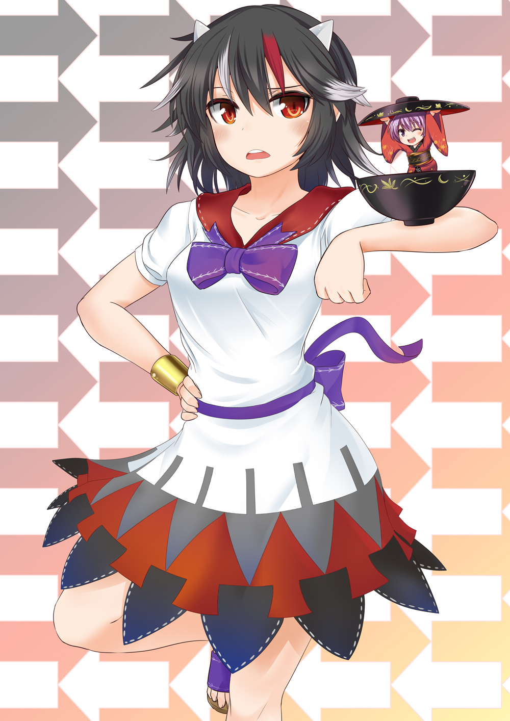 2girls, black_hair, bowl, bracelet, directional_arrow, dress, hand_on_hip, highres