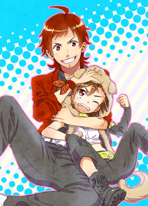 2boys, brown_hair, facial_hair, grin, hug, hug_from_behind, idolmaster, idolmaster_side-m