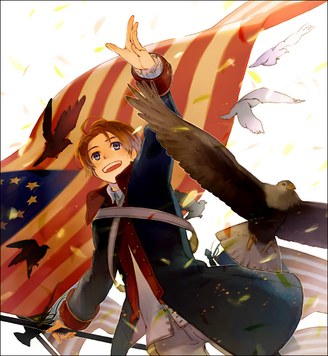 21grams, america, america_(hetalia), american_flag, axis_powers_hetalia, bad_id, bald_eagle, bird, blonde_hair, blue_eyes, child, dove, eagle, flag, male, military, military_uniform, solo, trench_coat, trenchcoat, uniform