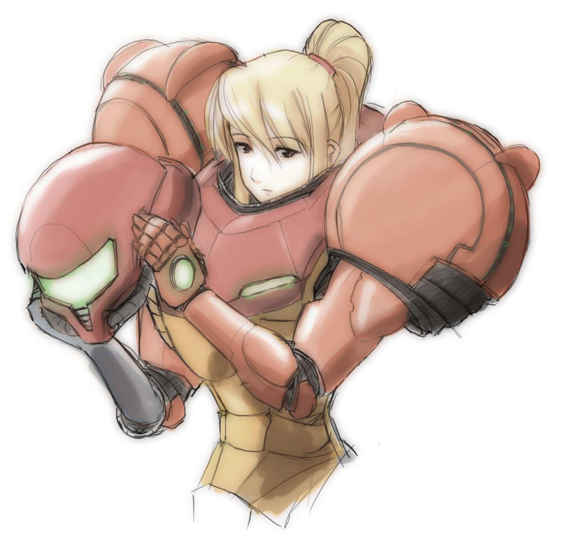 blonde_hair, brown_eyes, helmet, long_hair, metroid, nintendo, ponytail, sai_hate, samus_aran, solo, varia_suit