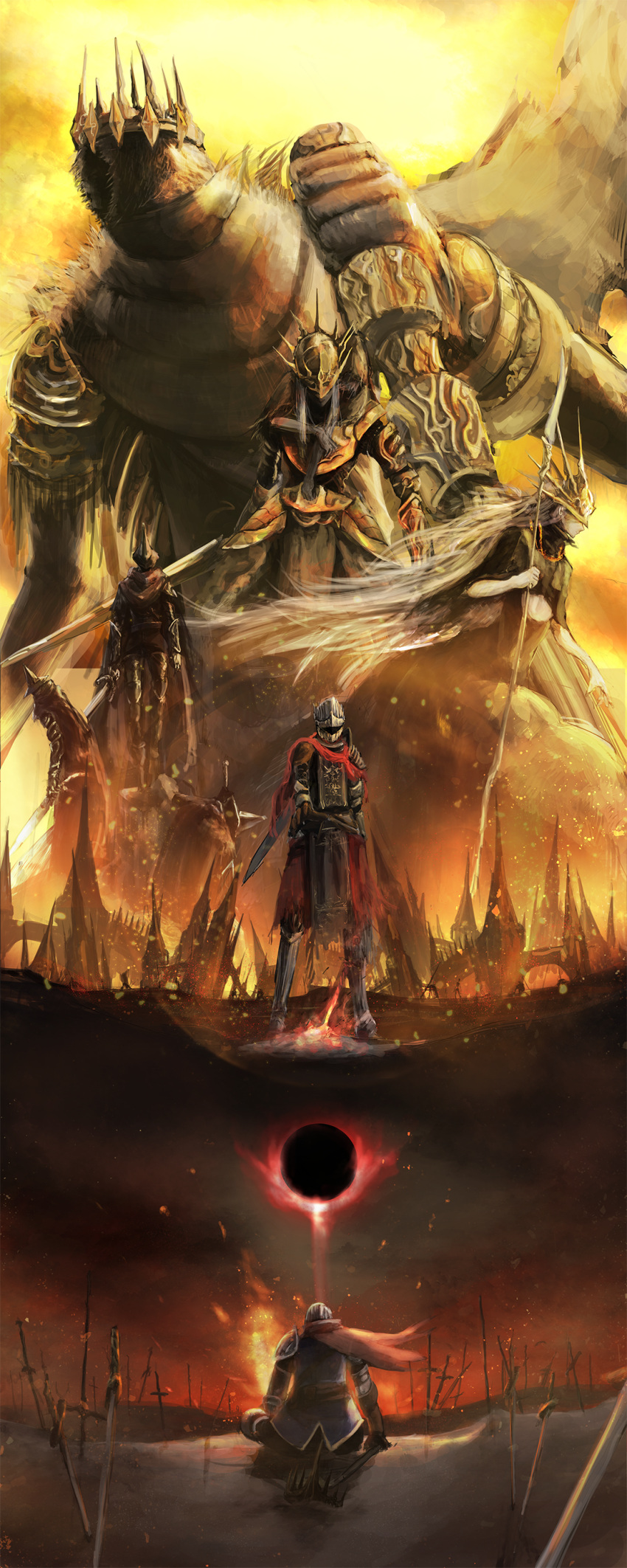 absurdres, abyss_watcher, aldrich_devourer_of_gods, armor, ashen_one_(dark_souls_3), battlefield, bonfire, breastplate