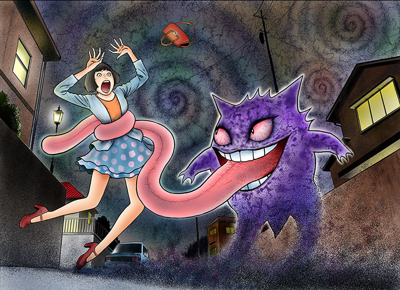 1girl, bloodshot_eyes, crazy_eyes, creepy, dark, evil_smile, gengar, ghost