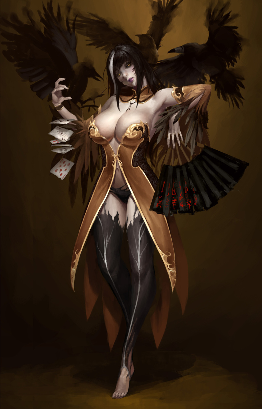 1girl, absurdres, bangku_an, bird, breasts, card, crow, detached_collar
