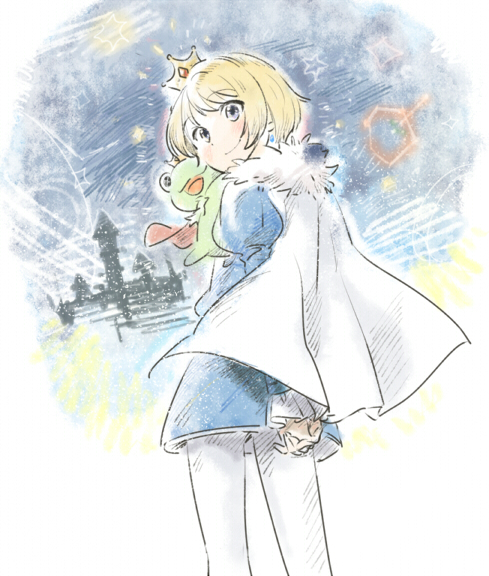 1boy, :3, arms_behind_back, blonde_hair, cape, castle, from_behind, idolmaster