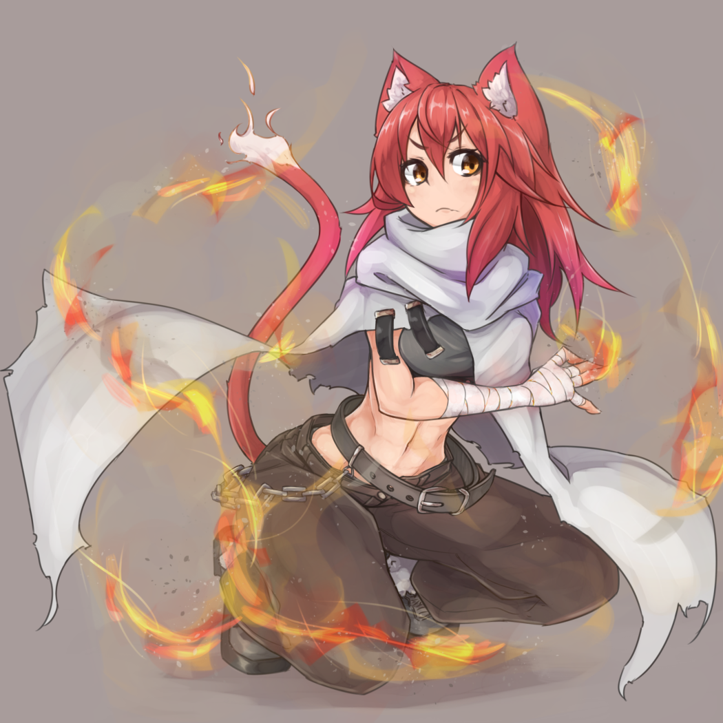1girl, abs, animal_ears, bandaged_arm, belt, boots, cape, cat_ears, cat_tail, chain, fire, long_hair, orange_eyes, original, redhead, ryota_tentei, solo, tail