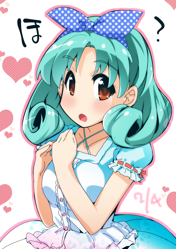 1girl, :o, aqua_hair, blush, brown_eyes, buttons, dress, green_hair