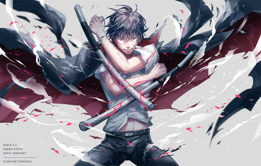 1boy, 2016, black_hair, grey_background, gui, happy_birthday, hibari_kyouya, holding