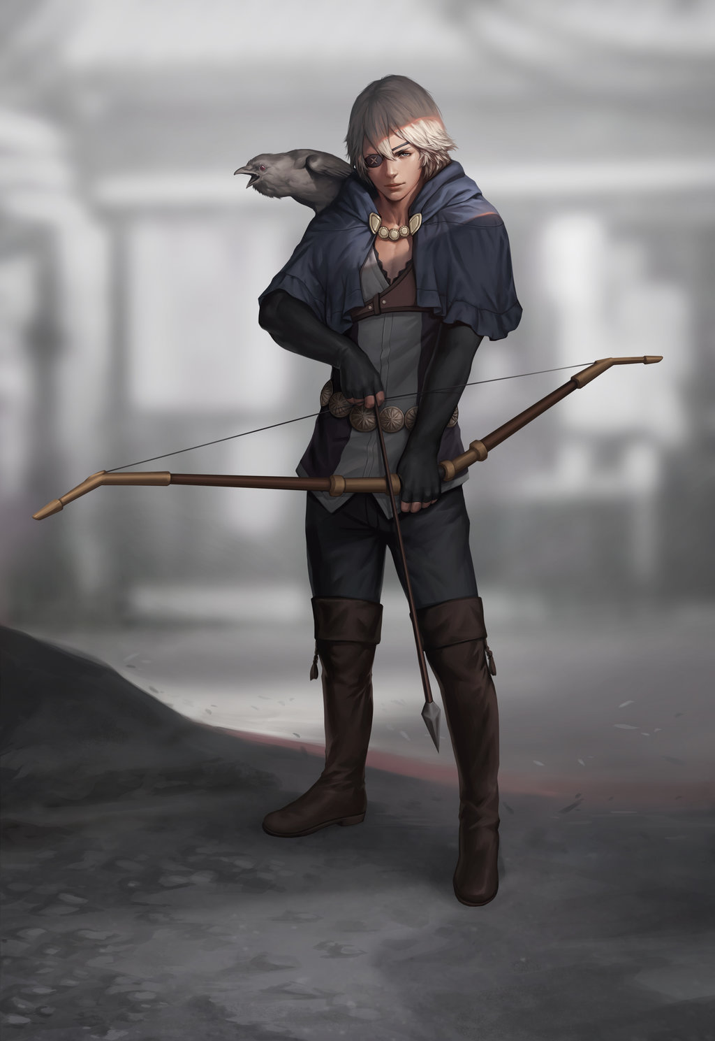 1boy, animal, animal_on_shoulder, arrow, bangs, bird, bird_on_shoulder, blue_eyes