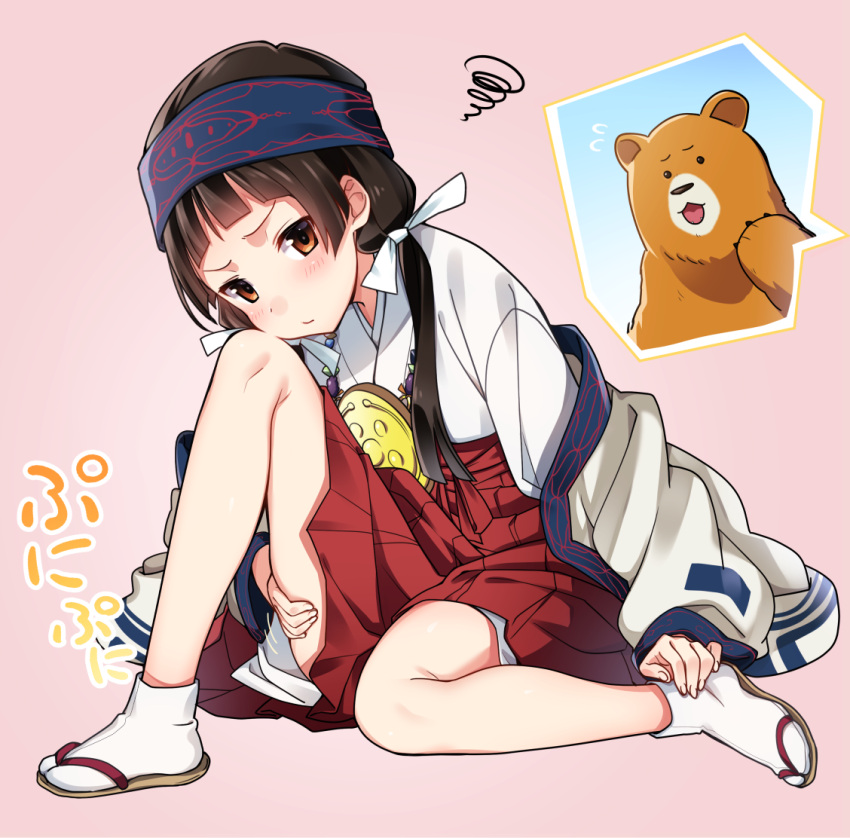 1girl, amayadori_machi, bear, black_hair, brown_eyes, cut_(bu-kunn), hairband, japanese_clothes, kumamiko, long_hair, looking_at_viewer, miko, natsu_(kumamiko), pink_background, simple_background, tabi, twintails