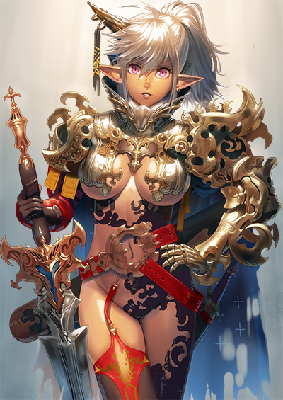 1girl, armor, asymmetrical_armor, asymmetrical_clothes, bangs, belt, black_gloves, breasts, buckle, cowboy_shot, dark_skin, earrings, garter_straps, gauntlets, gloves, gradient, gradient_background, hair_between_eyes, hand_on_hip, holding, holding_sword, holding_weapon, horn, horn_ring, jewelry, large_breasts, long_hair, looking_at_viewer, navel, ogino_(oginogino), original, ponytail, red_legwear, revealing_clothes, ribbon, scabbard, sheath, single_glove, single_thighhigh, solo, sword, thigh-highs, torn_cape, under_boob, unsheathed, violet_eyes, weapon
