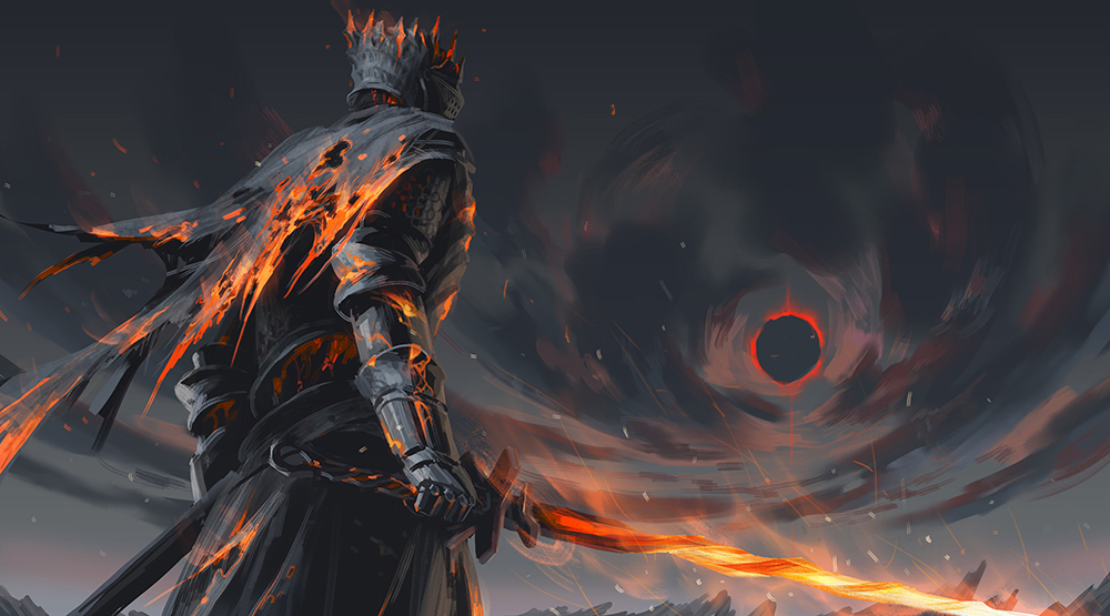1boy, armor, cape, crown, dark_souls_iii, eclipse, fire, full_armor