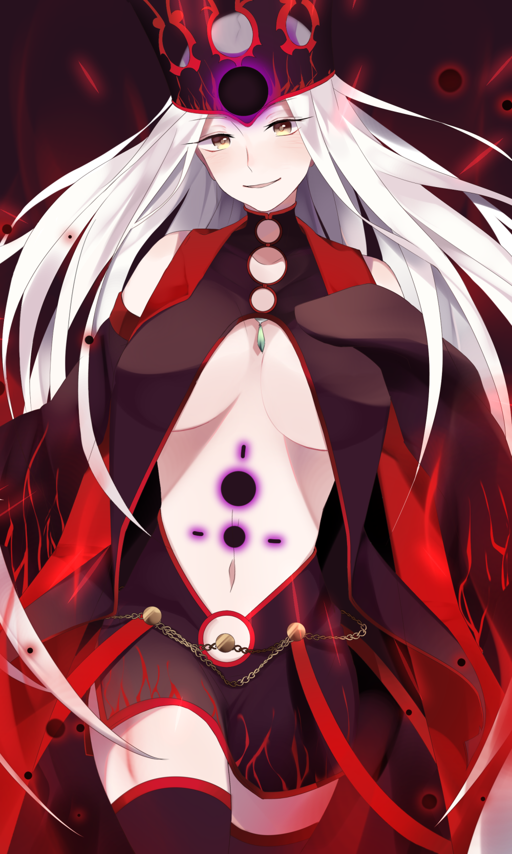 1girl, bad_id, blonde_hair, breasts, brown_eyes, center_opening, cleavage, crown, dark_persona, dress_of_heaven, fate/grand_order, fate/zero, fate_(series), highres, ichigopantsu, justeaze_lizrich_von_einzbern, long_hair, navel, solo