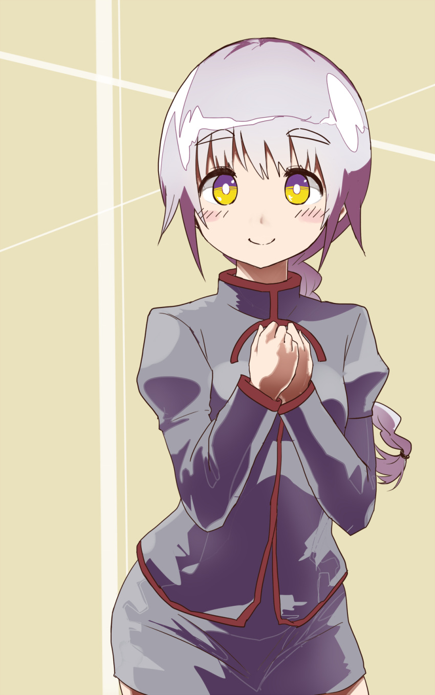 1girl, blush, braid, fossil_maiden, hellsinker, highres, own_hands_together, purple_hair
