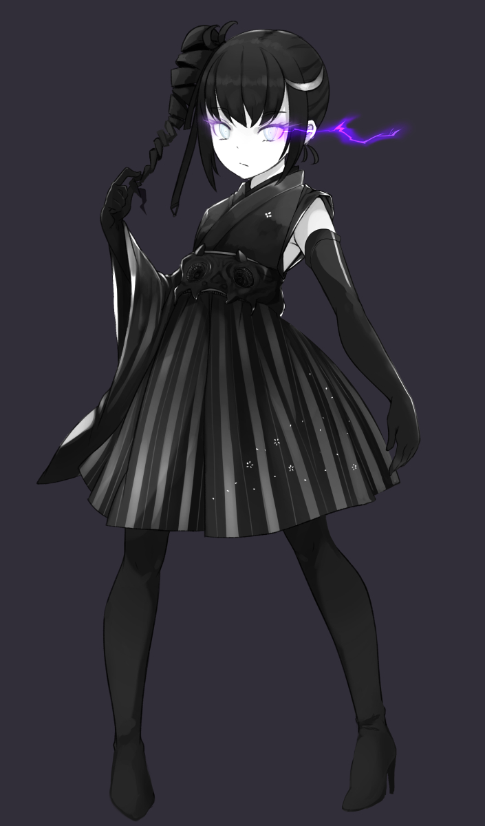 1girl, ancient_destroyer_oni, black_boots, black_gloves, black_hair, boots, comah, drill_hair