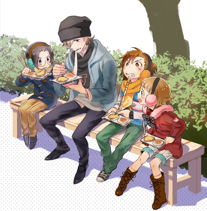 4boys, black_hair, blonde_hair, brown_hair, earmuffs, facial_hair, food, himeno_kanon