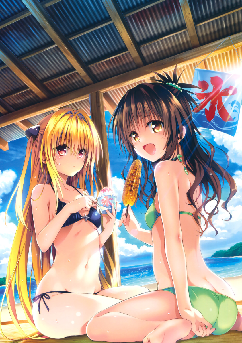 2girls, :d, absurdres, ass, beach, bikini, black_bikini, blonde_hair