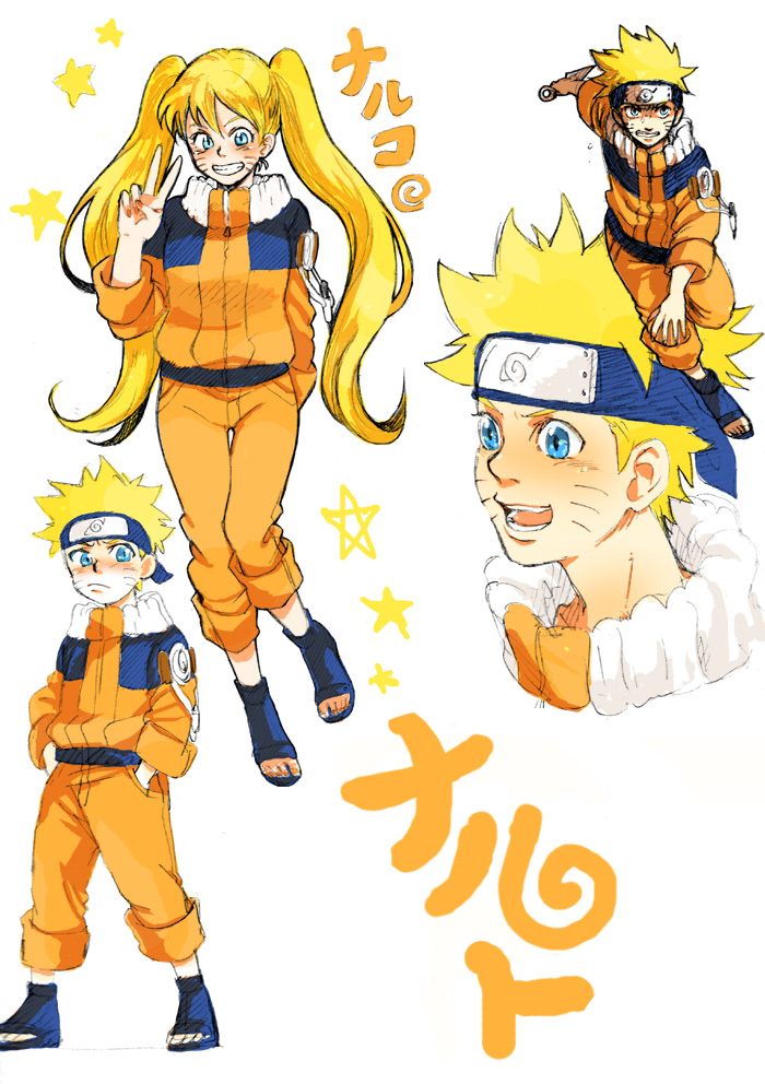 blonde_hair, blue_eyes, blush, dual_persona, genderswap, iku, kunai, long_hair, male, naruko, naruto, short_hair, twintails, uzumaki_naruto, v, weapon