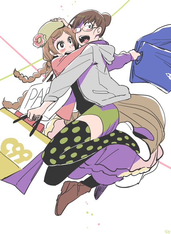 2girls, bag, beret, blush_stickers, boots, braid, brown_hair, choroko_(osomatsu-san), comiket, dress, fujoshi, glasses, hair_bun, hair_ornament, hairclip, hat, heart, heart_in_mouth, hood, hoodie, mori_girl, multiple_girls, osomatsu-san, polka_dot, polka_dot_legwear, shopping_bag, shoulder_bag, simple_background, skirt, thigh-highs, todoko_(osomatsu-san), twin_braids, white_background, yukataro