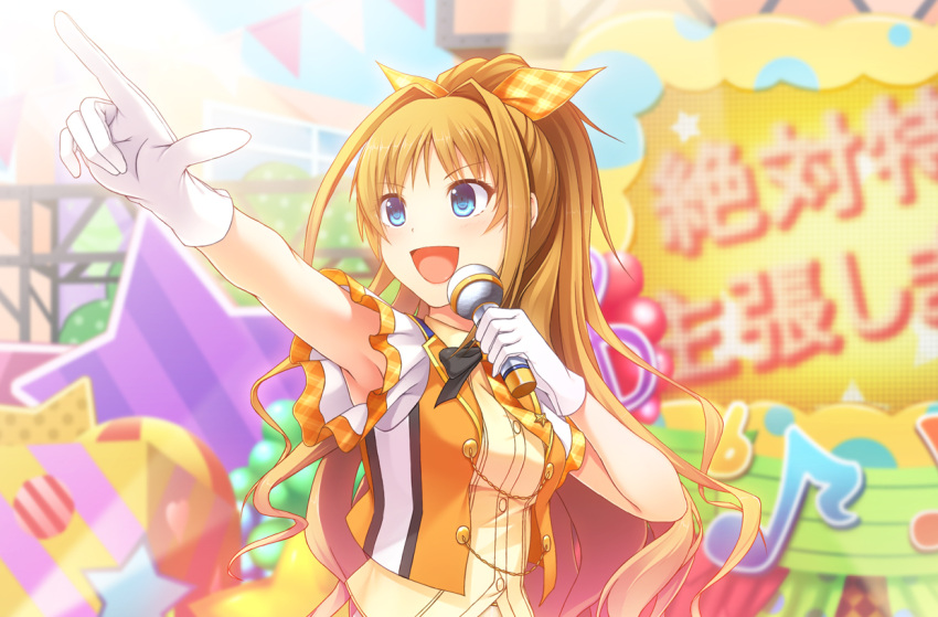 1girl, armpits, blue_eyes, blurry, depth_of_field, gloves, high_ponytail, hino_akane_(idolmaster)