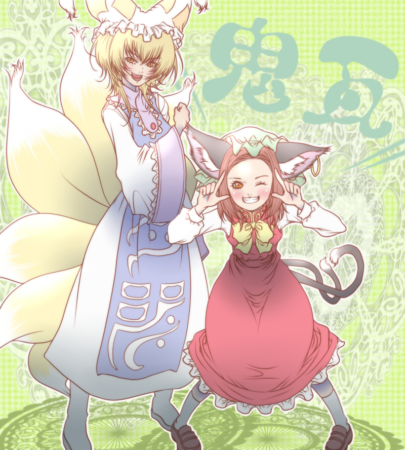asuka_asuka, blonde_hair, brown_hair, cat_ears, cat_tail, chen, earrings, forehead