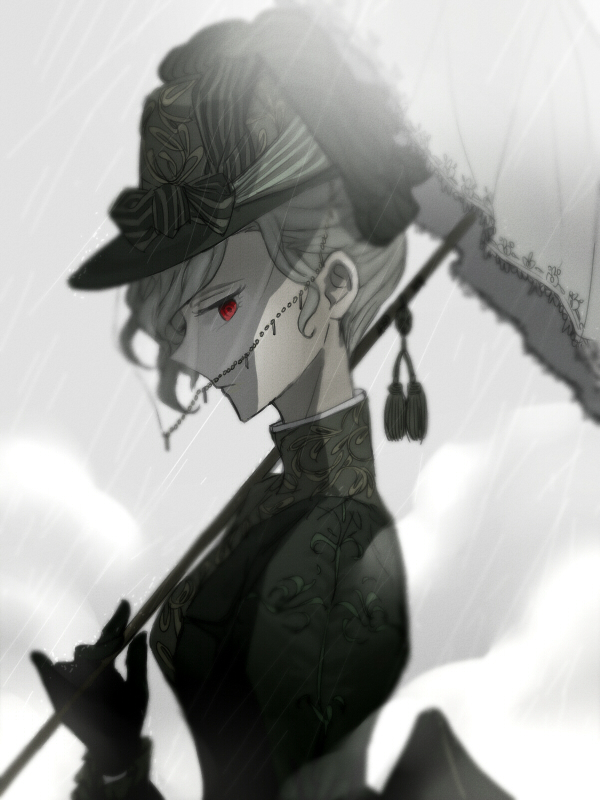 1girl, edmond_dantes_(fate/grand_order), fate/grand_order, fate_(series), fedora, formal, genderswap, genderswap_(mtf), gloves, hat, limited_palette, short_hair, silver_hair, solo, suruga_(sapphirina), umbrella, veil, wavy_hair