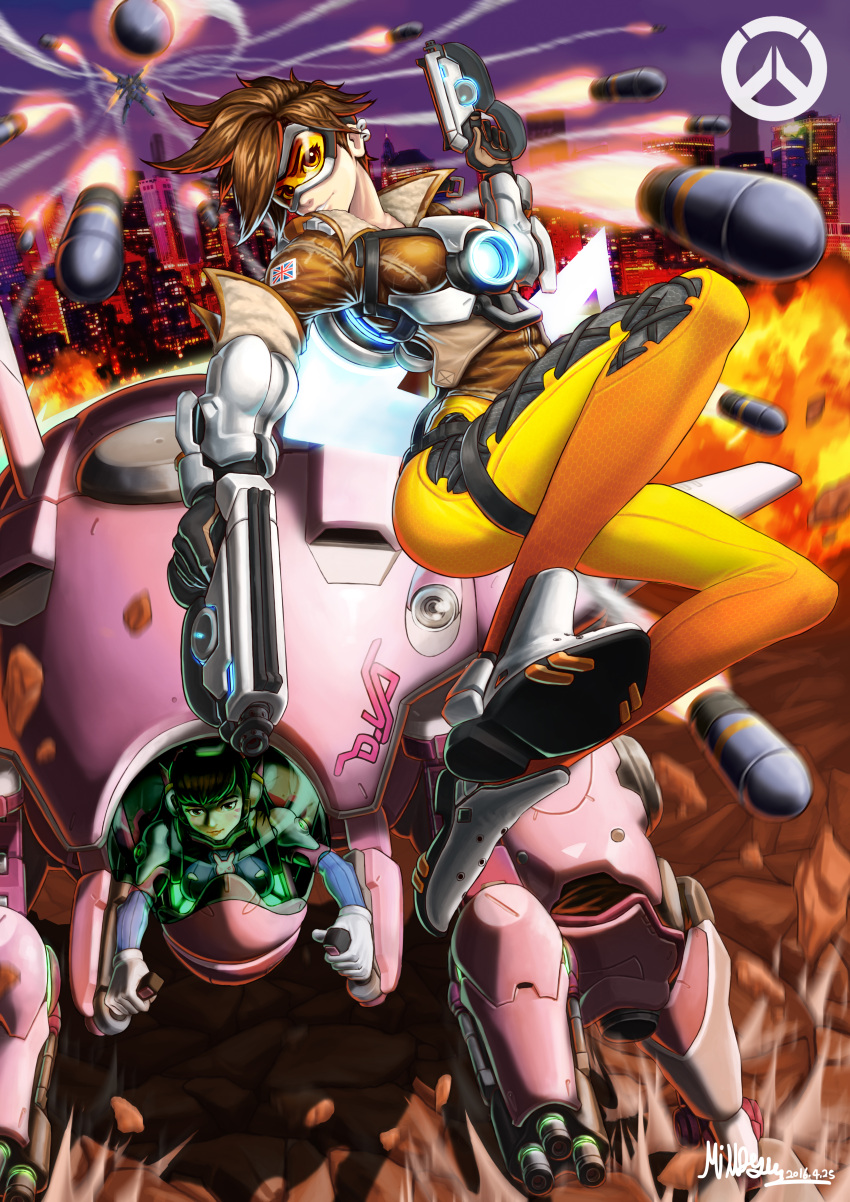 3girls, absurdres, black_hair, bodysuit, boots, brown_hair, cityscape, d.va_(overwatch), facial_mark, gloves, goggles, gun, highres, jacket, looking_at_viewer, mecha, milldoghoo, motion_blur, multiple_girls, overwatch, parted_lips, pharah_(overwatch), rocket, short_hair, tracer_(overwatch), union_jack, weapon
