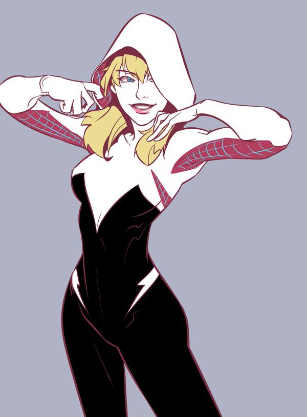 1girl, blonde_hair, blue_background, blue_eyes, bodysuit, grin, gwen_stacy, hood, lee_dajung, looking_to_the_side, marvel, simple_background, smile, solo, spider-gwen, teeth
